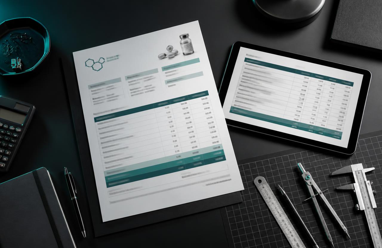 A printed pharmaceutical quotation and a costing table on a tablet